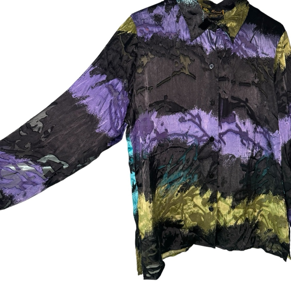 Mirasol Silk Blouse Velvet Burnout Button Down Large Multicolor Abstract Grunge - Picture 6 of 10